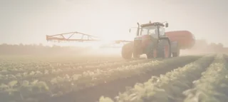 tractor working farm field at dusk